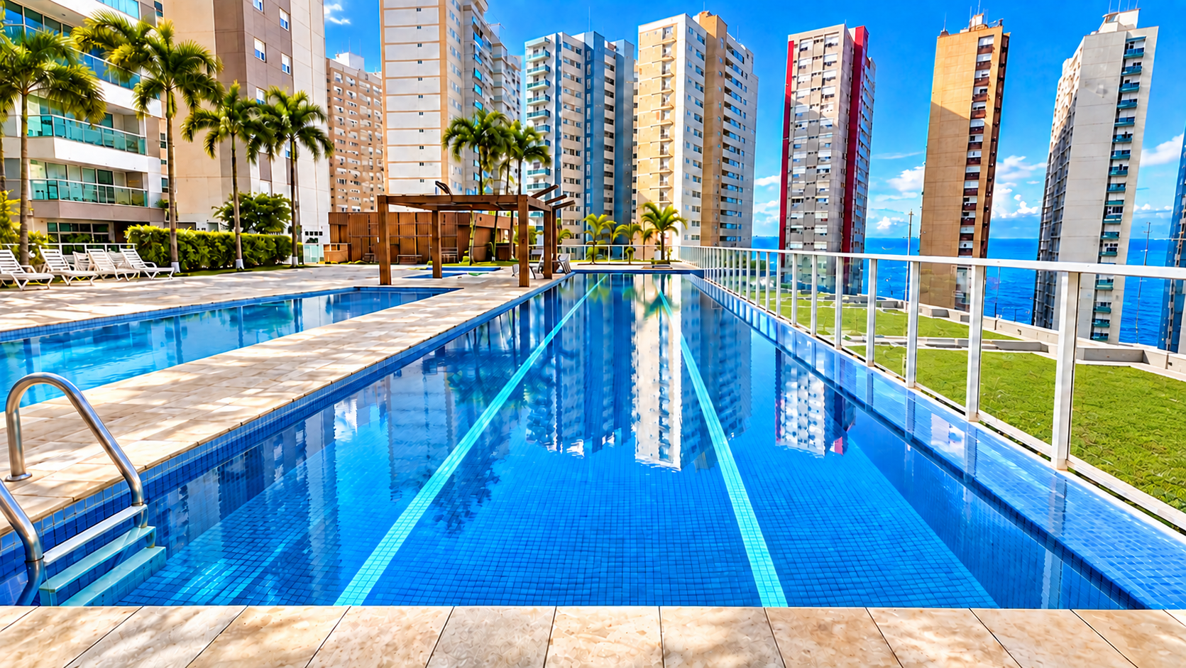 Piscina do condomínio com vista para o mar
